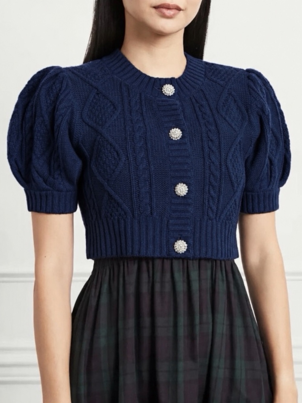 Hill House Navy Ollie Puff-Sleeve Cropped Cardigan with Jewel Buttons